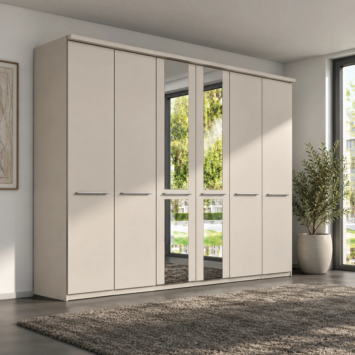 Wiemann Cairns Champagne large six door hinged wardrobe with Cornice And two Mirror Doors in the Middle W300cm H220cm