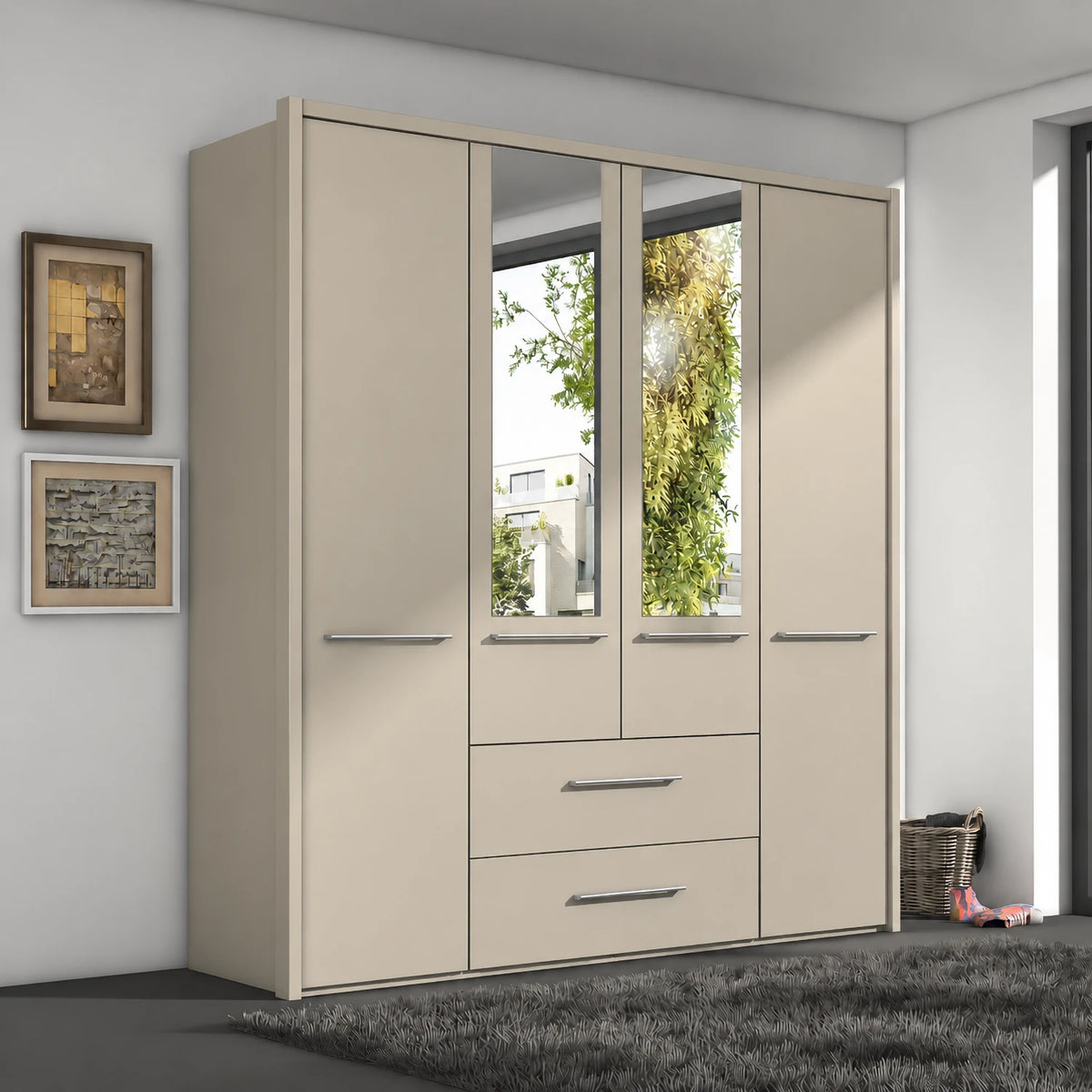 German-made Wiemann Cairns 4 door wardrobe with two drawers and two Mirror doors in Champagne Colour, 200cm wide. 
