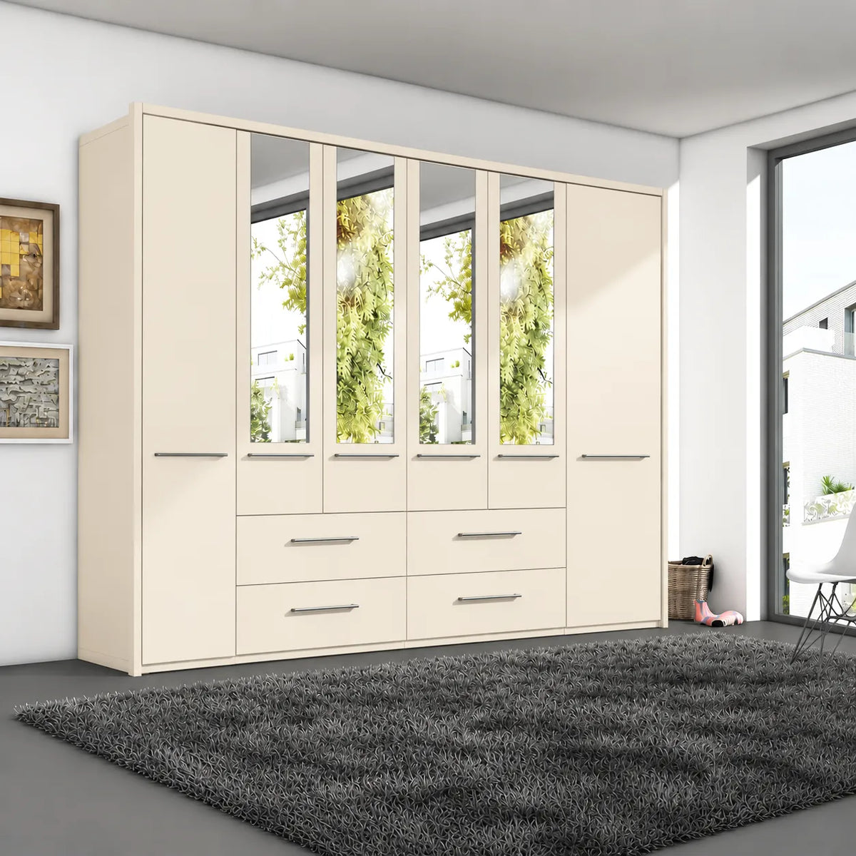Large Wiemann Cairns 6 Door Hinged Wardrobe With Four Drawers and Mirrors   Width 306 Height 220cm in Champagne Colour