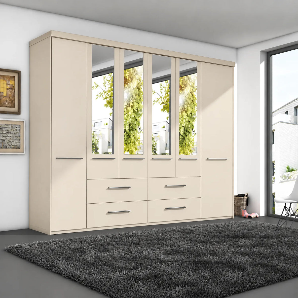 Large Wiemann Cairns 6 Door Hinged Wardrobe With Four Drawers and Mirrors   Width 300 Height 220cm in Champagne Colour