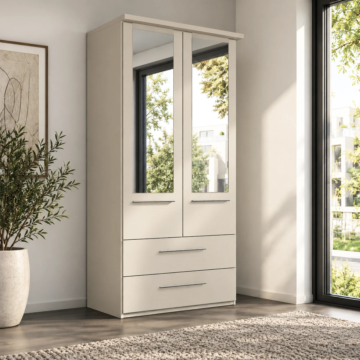 Wiemann Cairns Champagne colour two door wardrobe with two drawers and Mirror Doors