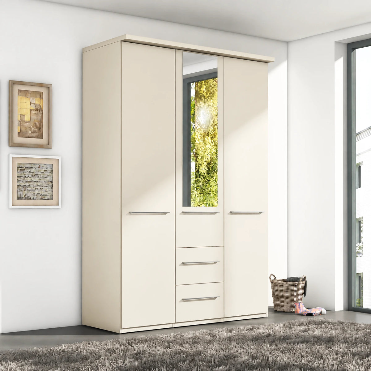 Wiemann Cairns Champagne three door wardrobe with Cornice, two drawers and Mirror on the Middle Door 