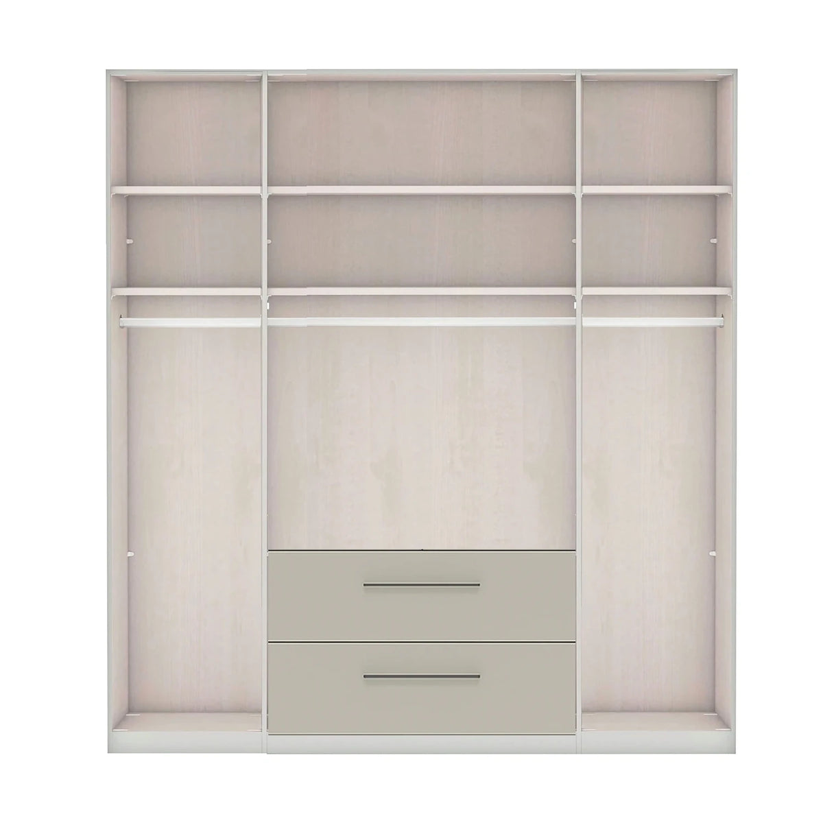 Interior details of German-made Wiemann Cairns 4 door wardrobe with two drawers and two Mirror doors  200cm wide. 