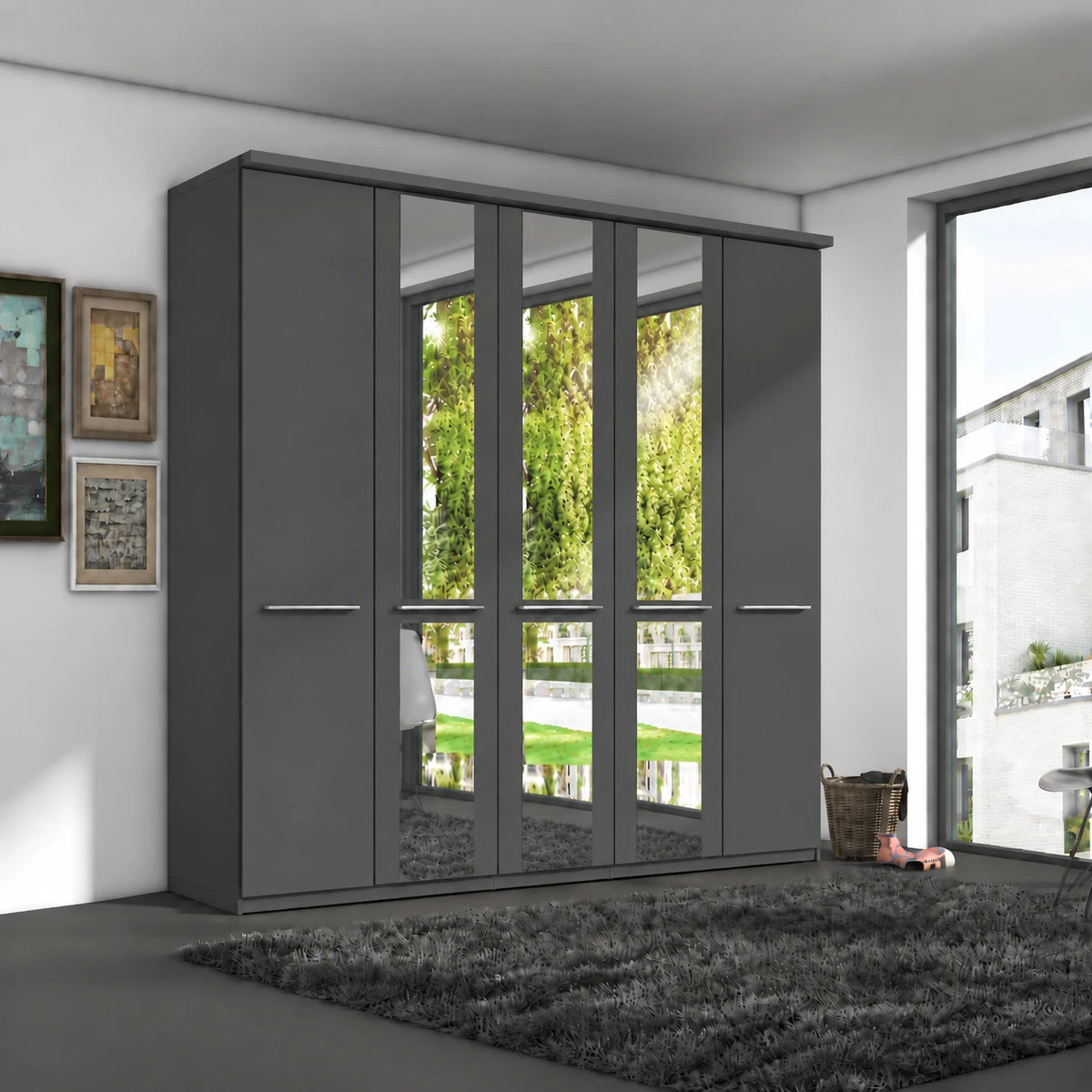 Wiemann Cairns Graphite Large W250cm five door hinged wardrobe with cornice and 3 Mirror Doors in the Middle