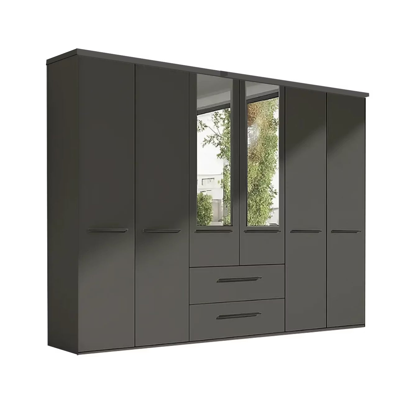 A modern dark gray wooden wardrobe with a mix of solid doors, two mirrored doors, and two drawers in the center, shown on a plain white background.