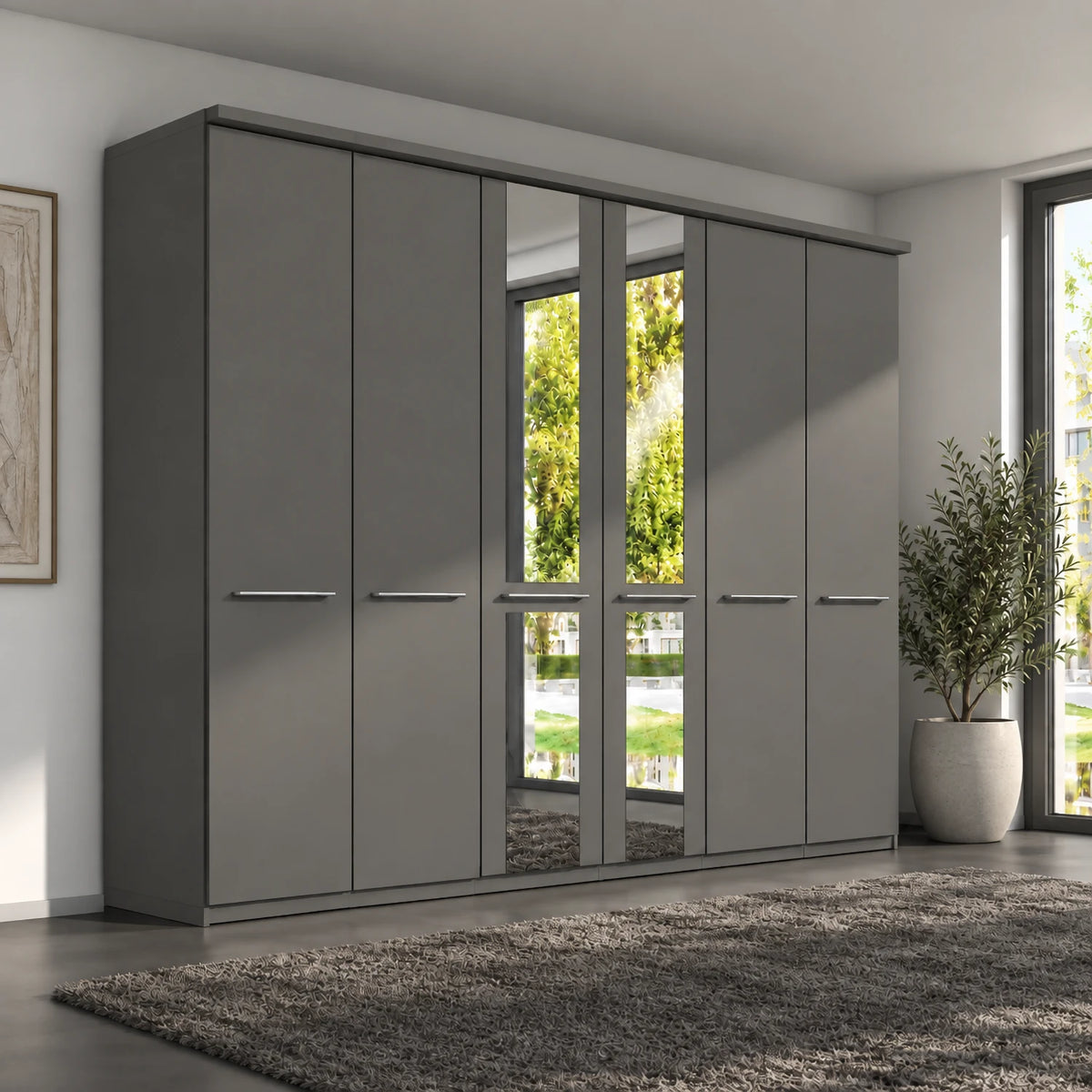 Wiemann Cairns Graphite large six door hinged wardrobe with Cornice And two Mirror Doors in the Middle W300cm
