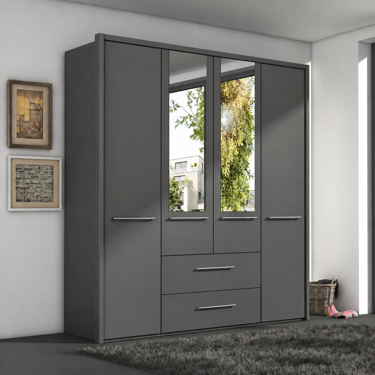 German-made Wiemann Cairns 4 door wardrobe with two drawers and two Mirror doors in Graphite Colour, 200cm wide. 