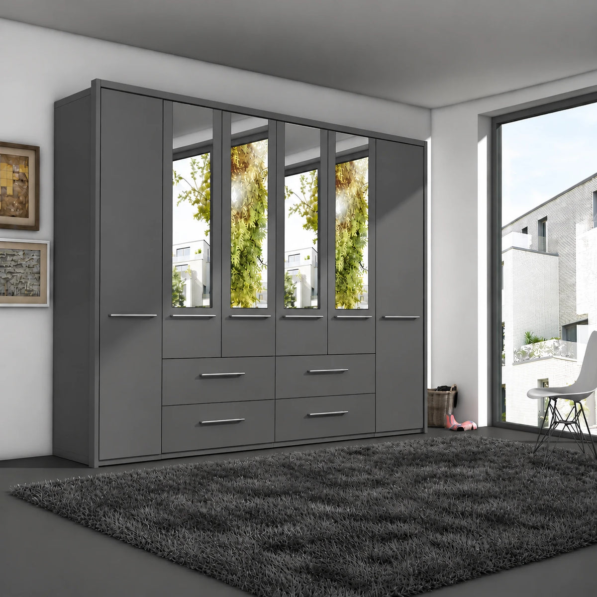 Large Wiemann Cairns 6 Door Hinged Wardrobe With Four Drawers and Mirrors   Width 306 Height 220cm in Graphite Colour