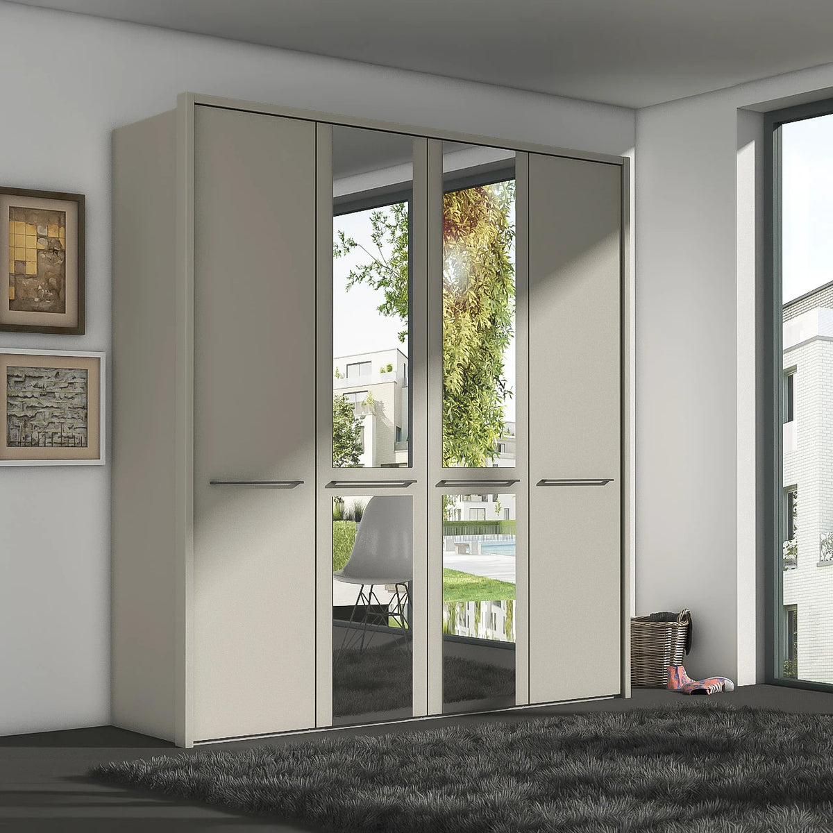 A modern four-door wardrobe with two solid Pebble Grey doors and two mirrored glass doors, set in a minimalist room with a dark gray shag rug and framed wall art.