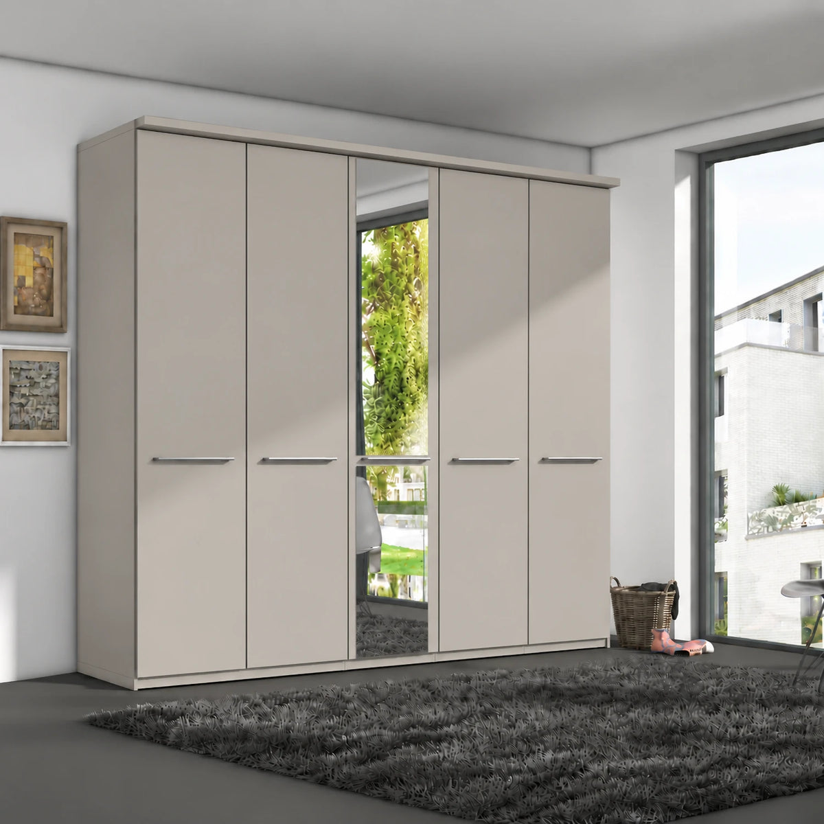 Wiemann Cairns five door hinged wardrobe with one Mirror door and cornice shown in Pebble Grey