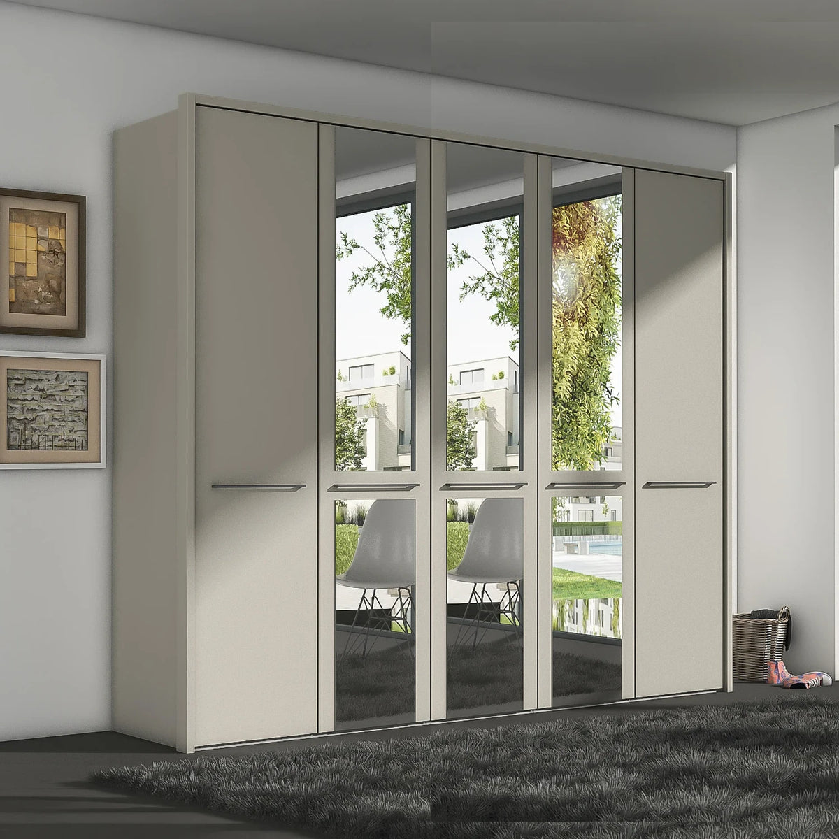 Wiemann Cairns Pebble Grey Large W256cm five door hinged wardrobe with Mirror on Middle 3 Doors and Passepartout Frame