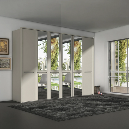 Large German-made Wiemann Cairns 6 door wardrobe, 300cm, in white, pebble grey, champagne, graphite or sage green. Cornice included.