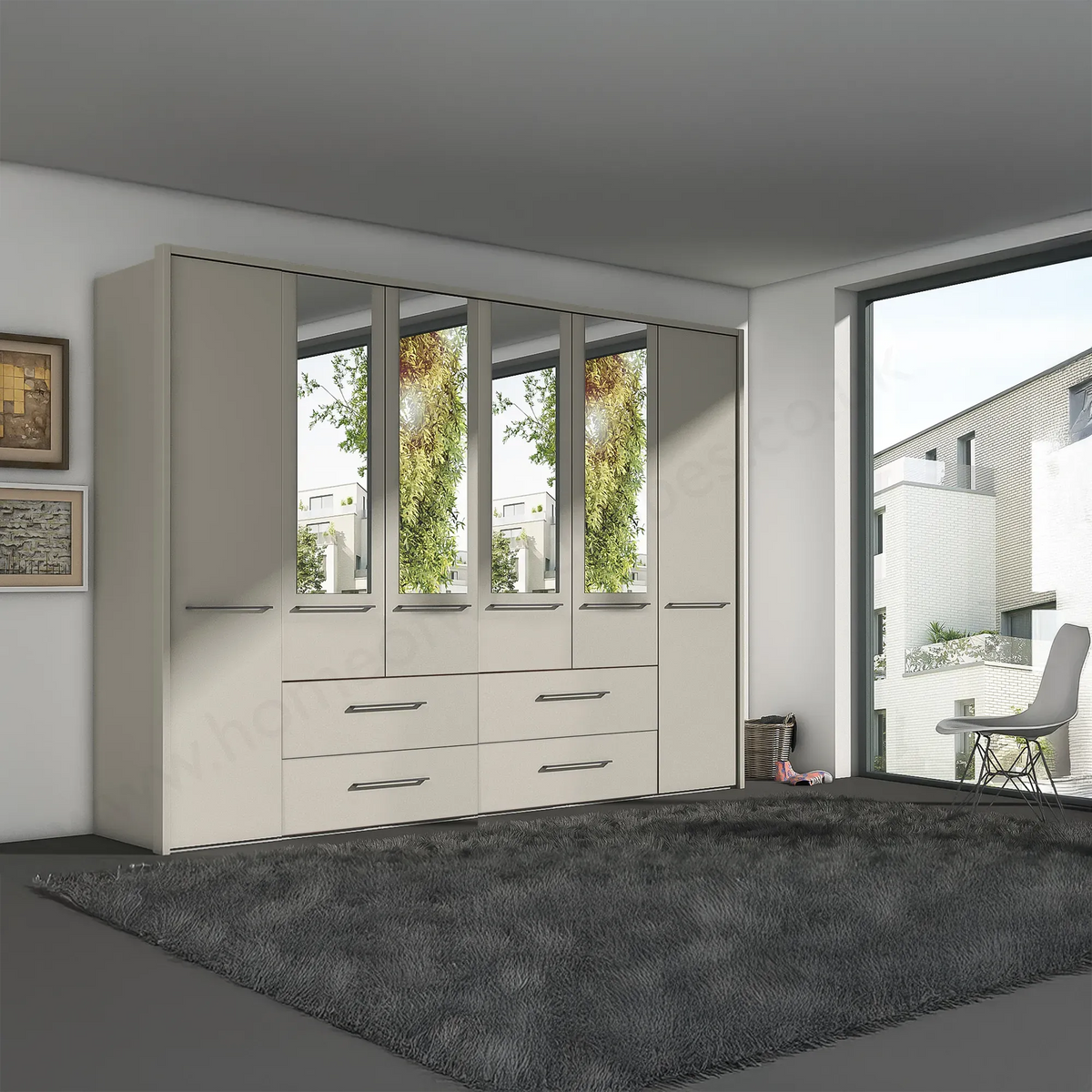 Wiemann Cairns 6 Door Hinged Wardrobe With Four Drawers and Mirrors   Width 306 Height 220cm 