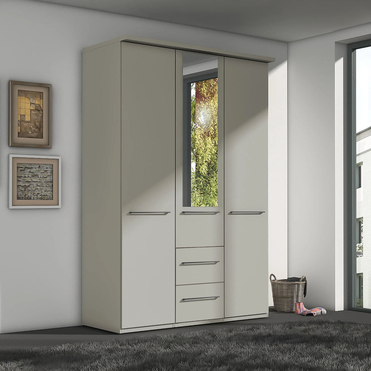 Wiemann Cairns Pebble Grey three door wardrobe with Cornice, two drawers and Mirror on the Middle Door 