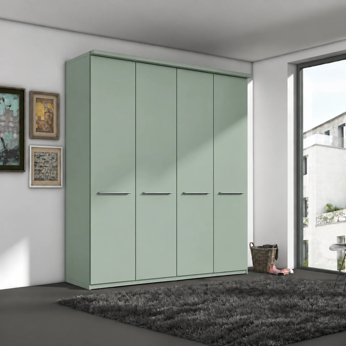 Wiemann Cairns four door hinged wardrobe with cornice shown in Sage Green