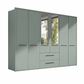 A modern Wiemann Kairns six-door wardrobe in a muted sage green color, featuring two central doors with mirror inserts, two drawers in the middle, and slim dark metal handles, shown on a plain white background.