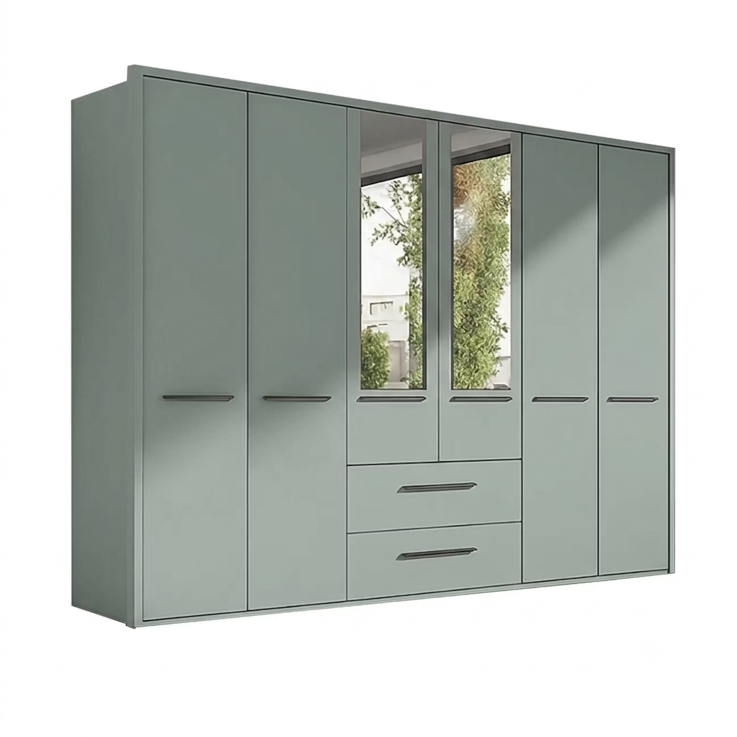 A modern Wiemann Kairns six-door wardrobe in a muted sage green color, featuring two central doors with mirror inserts, two drawers in the middle, and slim dark metal handles, shown on a plain white background.