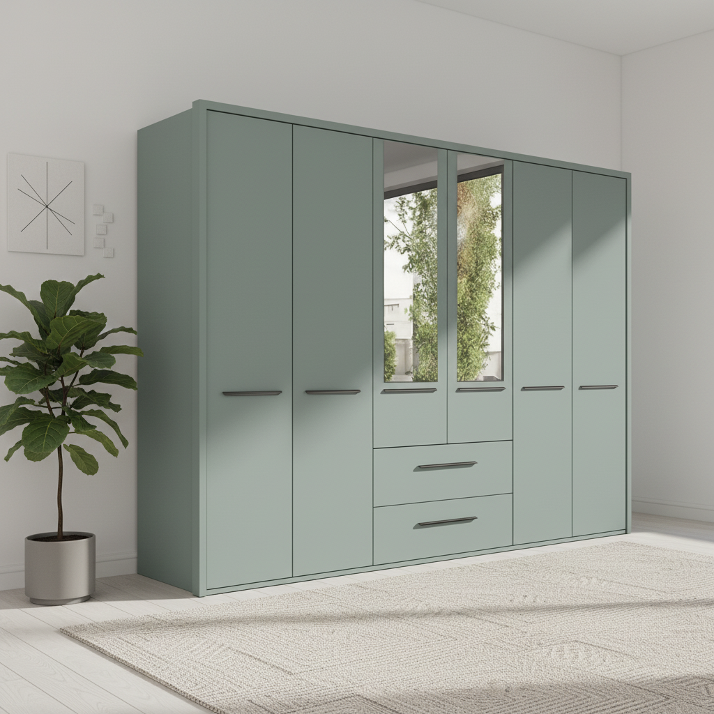 Wiemann Kairns 6 Door Large wardrobe with Mirror on the centre Door and 2 Drawers underneath in Sage Green Colour Width 300cm