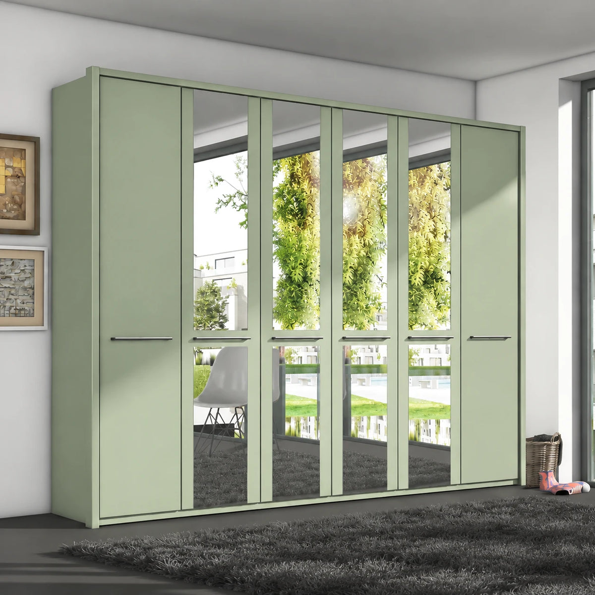 Wiemann Cairns Sage Green large six door hinged wardrobe with Passepartout Frame And two Mirror Doors in the Middle W300cm