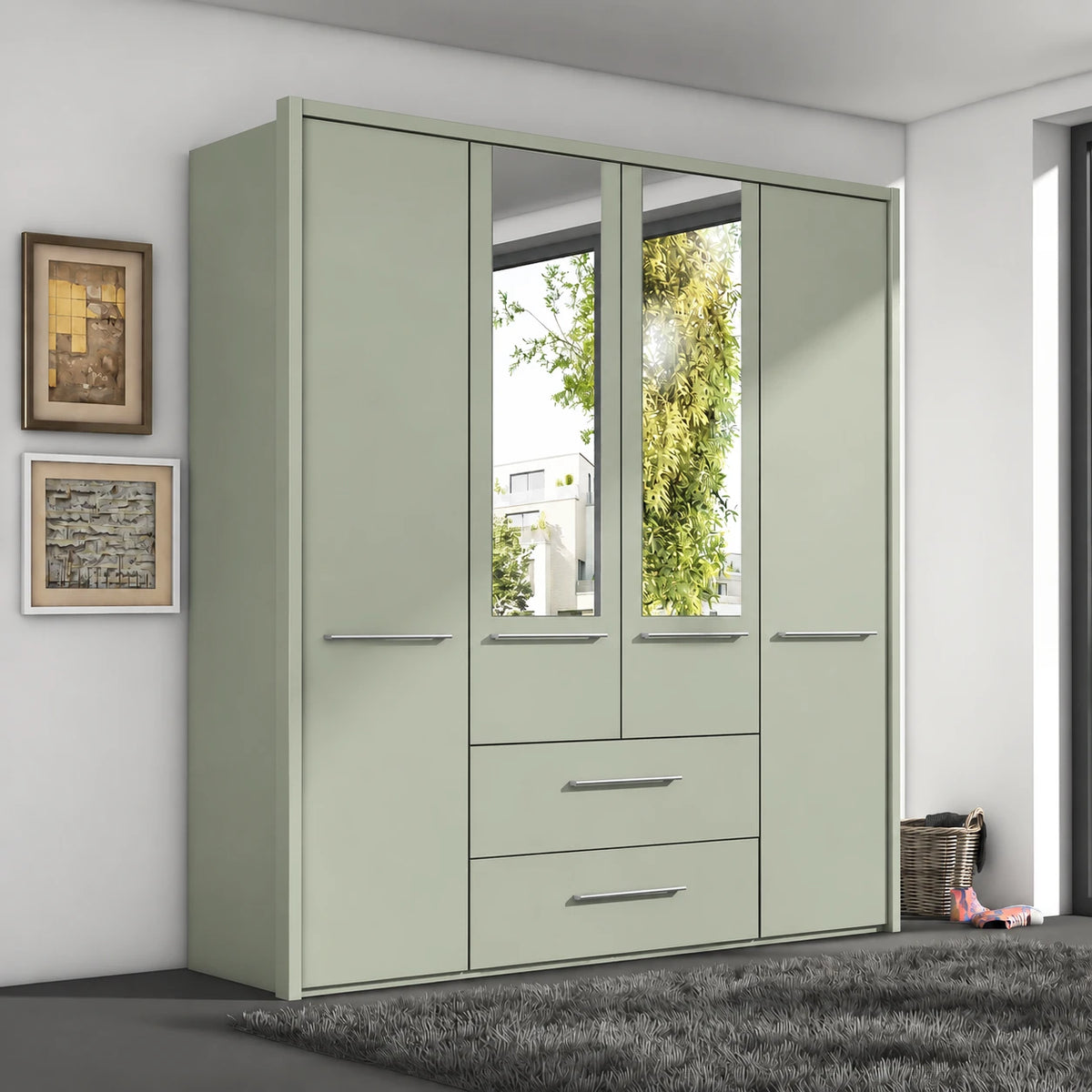 German-made Wiemann Cairns 4 door wardrobe with two drawers and two Mirror doors in Sage Green Colour, 200cm wide. 