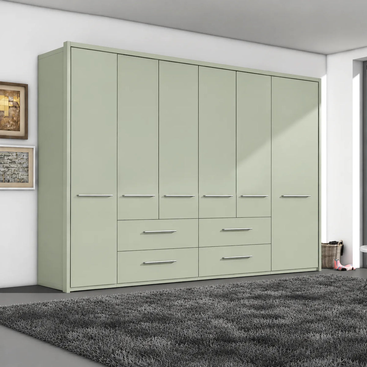 Wiemann Cairns 6 Door Hinged Wardrobe With Four Drawers Width 306 Height 220cm in Sage Green Colour