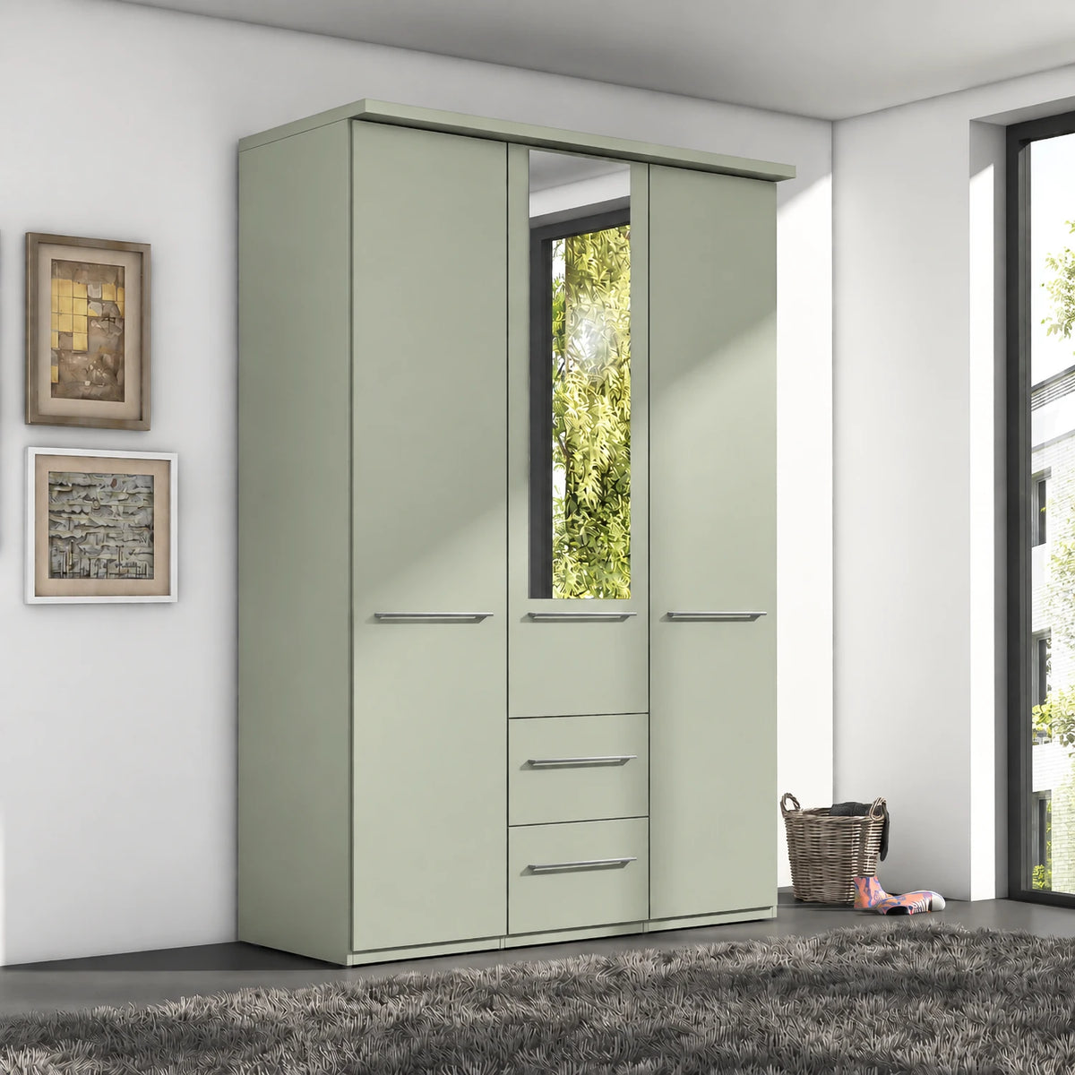 Wiemann Cairns Sage green three door wardrobe with Cornice, two drawers and Mirror on the Middle Door 