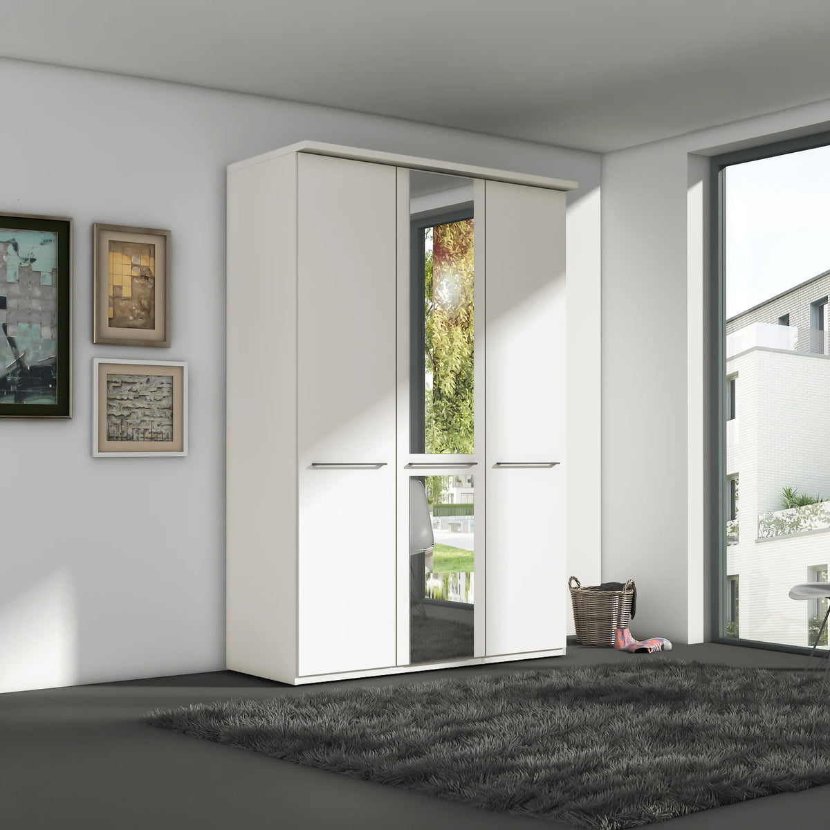 A modern white three door 150cm Wide Wiemann Kairns wardrobe with Middle mirrored door