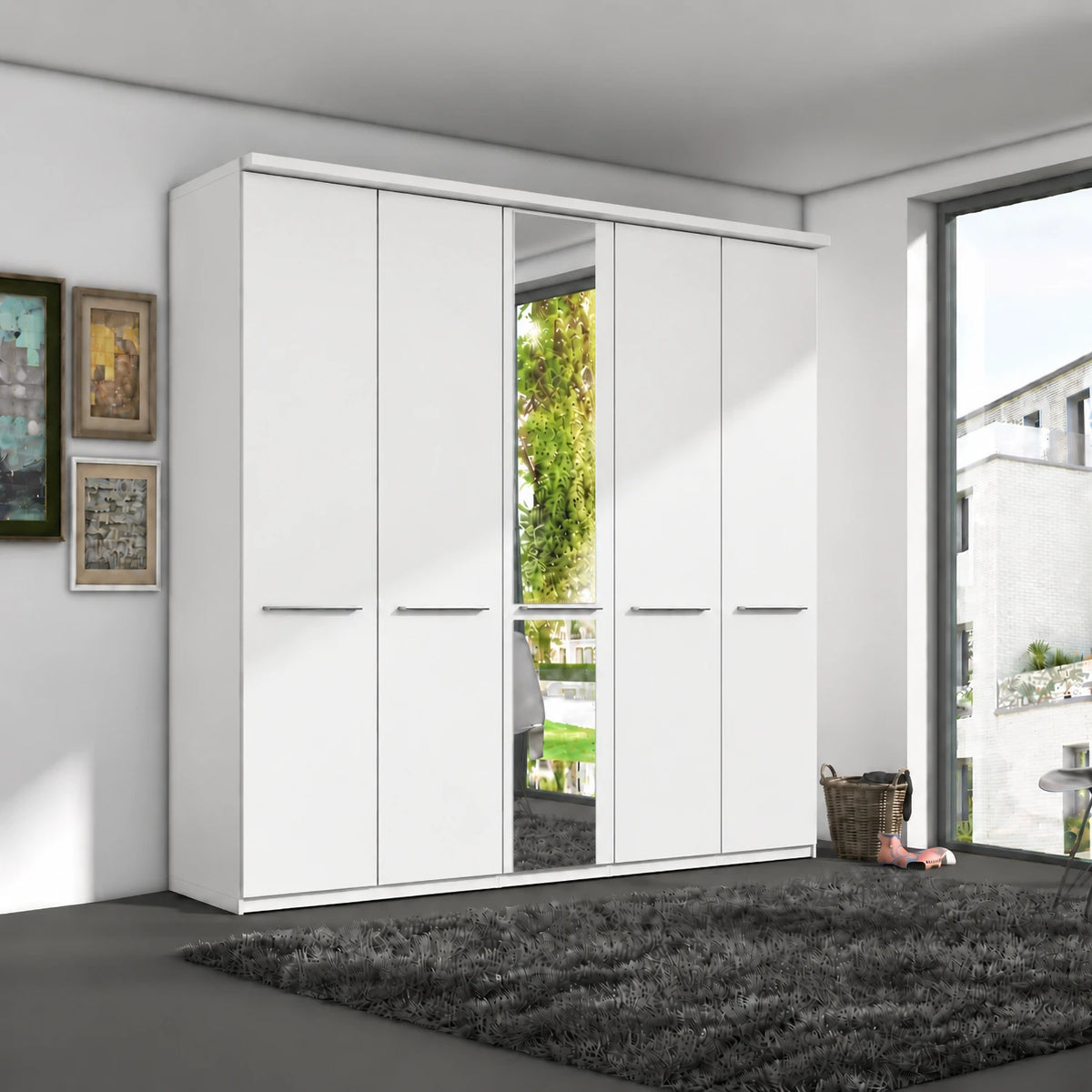 Wiemann Cairns Matt White Large W250cm five door hinged wardrobe with 1 Mirror Door and cornice