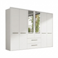 A modern Wiemann Kairns white six-door wardrobe with two central doors featuring mirror inserts and three drawers in the center, shown on a plain white background.