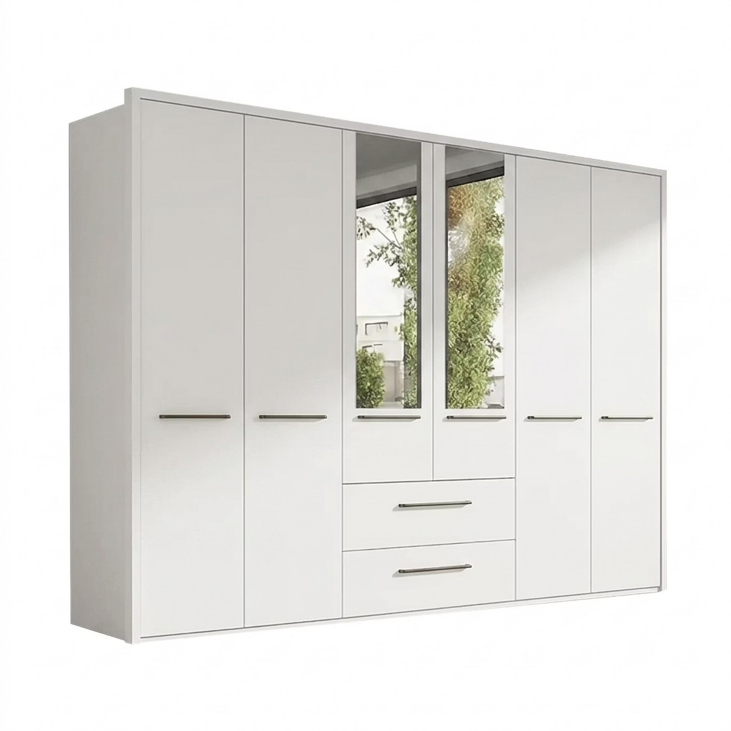 A modern Wiemann Kairns white six-door wardrobe with two central doors featuring mirror inserts and three drawers in the center, shown on a plain white background.
