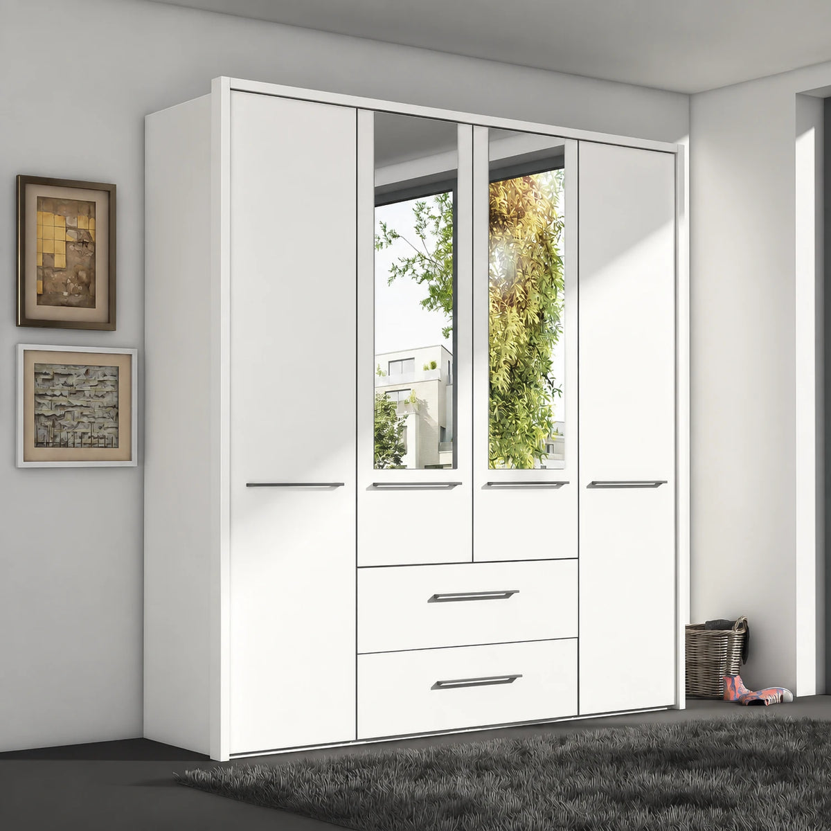 German-made Wiemann Cairns 4 door wardrobe with two drawers, 200cm wide. Five colours, optional mirror doors. Free delivery.
