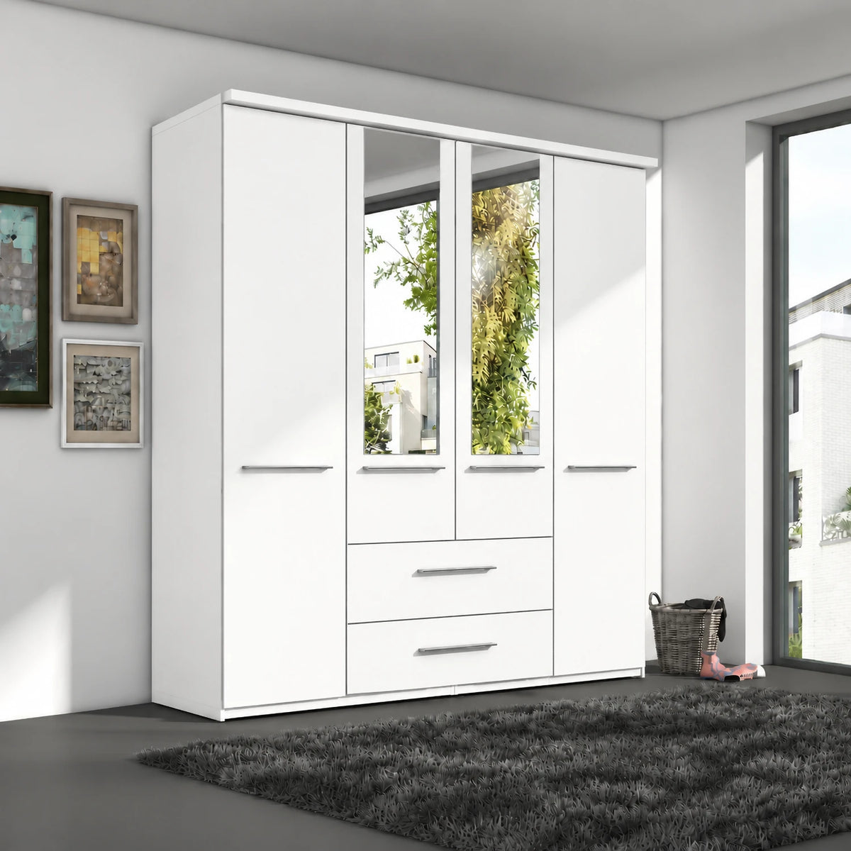 German-made Wiemann Cairns 4 door wardrobe with Cornice, two drawers and two Mirror doors in White Colour, 200cm wide. 