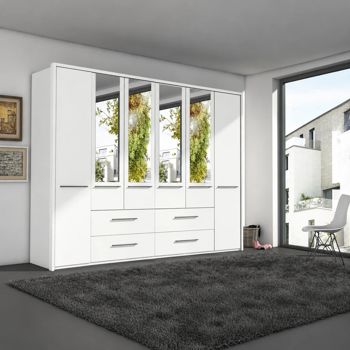 Large Wiemann Cairns 6 Door Hinged Wardrobe With Four Drawers and Mirrors   Width 306 Height 220cm in White Colour