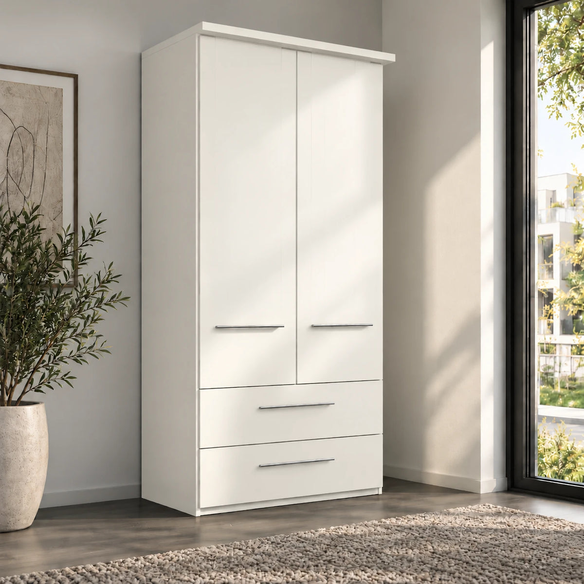 Wiemann Cairns White two door W100cm wardrobe with drawers shown in a bedroom corner