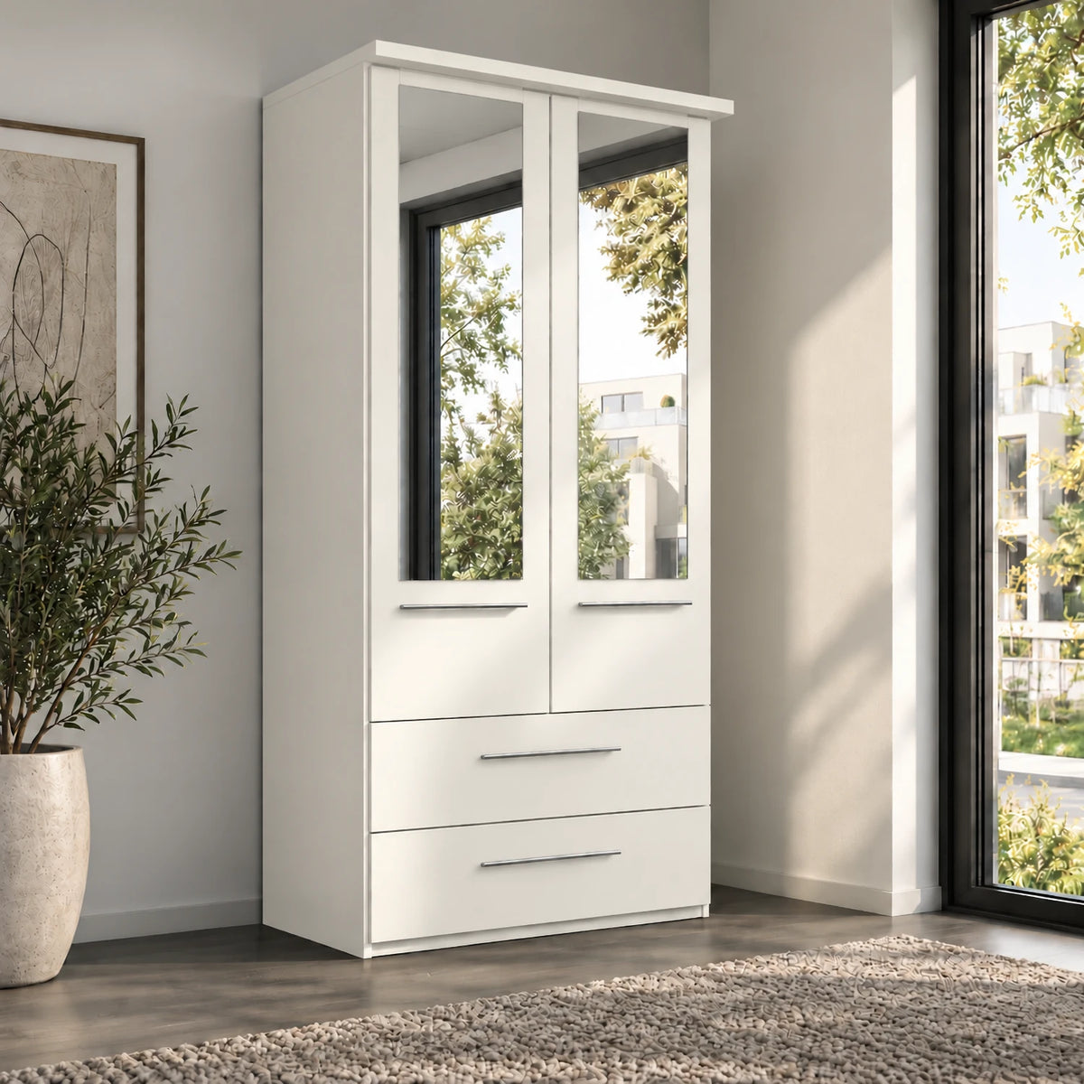 German-made Wiemann Cairns 2 door wardrobe with two drawers, 100cm wide. Five colours, optional mirror doors. Free delivery.