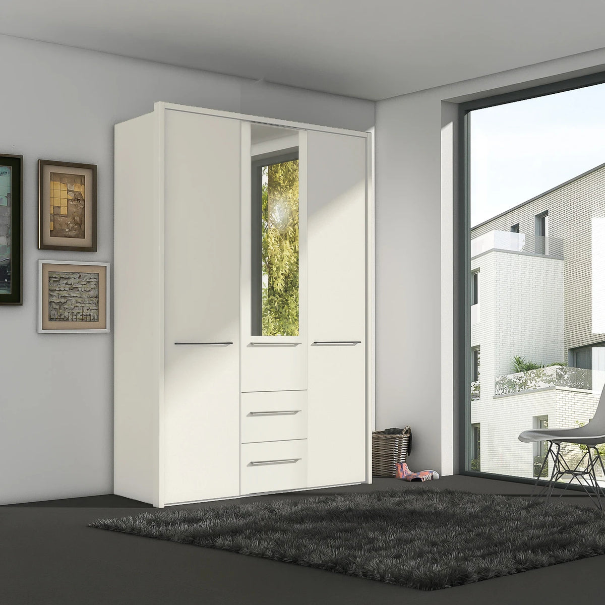 Wiemann Cairns White three door wardrobe with Passepartout Frame, two drawers and Mirror on the Middle Door, Width 156 Height 220cm  