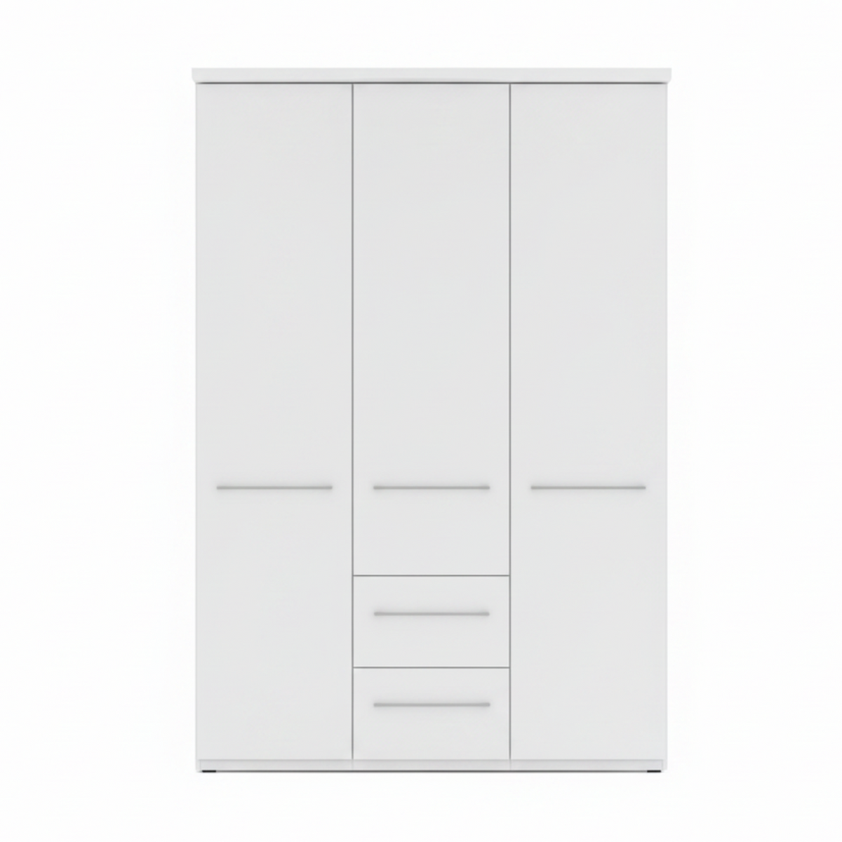 A modern three-door wardrobe with a minimalist white finish and slim horizontal silver handles, shown against a plain white background.