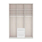 Wiemann Cairns White three door wardrobe with Cornice, two drawers and Mirror on the Middle Door, Interior showing hanging rods, and two white drawers at the bottom, shown against a plain white background.