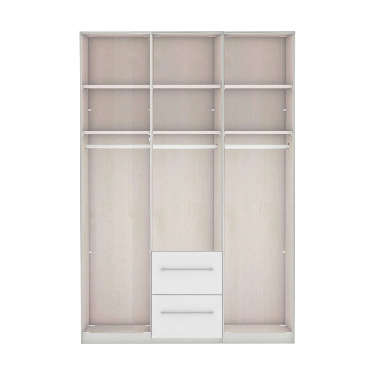 Wiemann Cairns White three door wardrobe with Cornice, two drawers and Mirror on the Middle Door, Interior showing hanging rods, and two white drawers at the bottom, shown against a plain white background.
