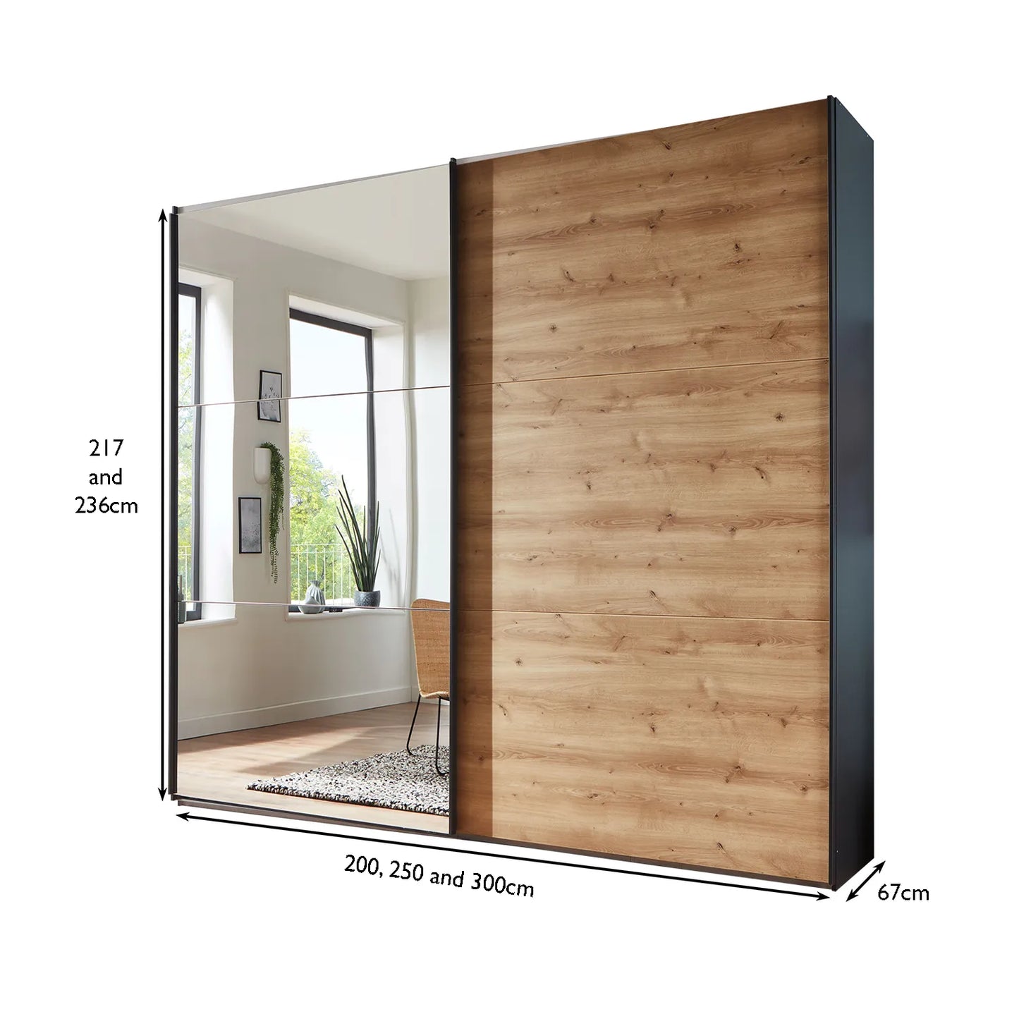 Corfu Sliding Door Wardrobe with Graphite Carcase, Bianco Oak and Mirror Front