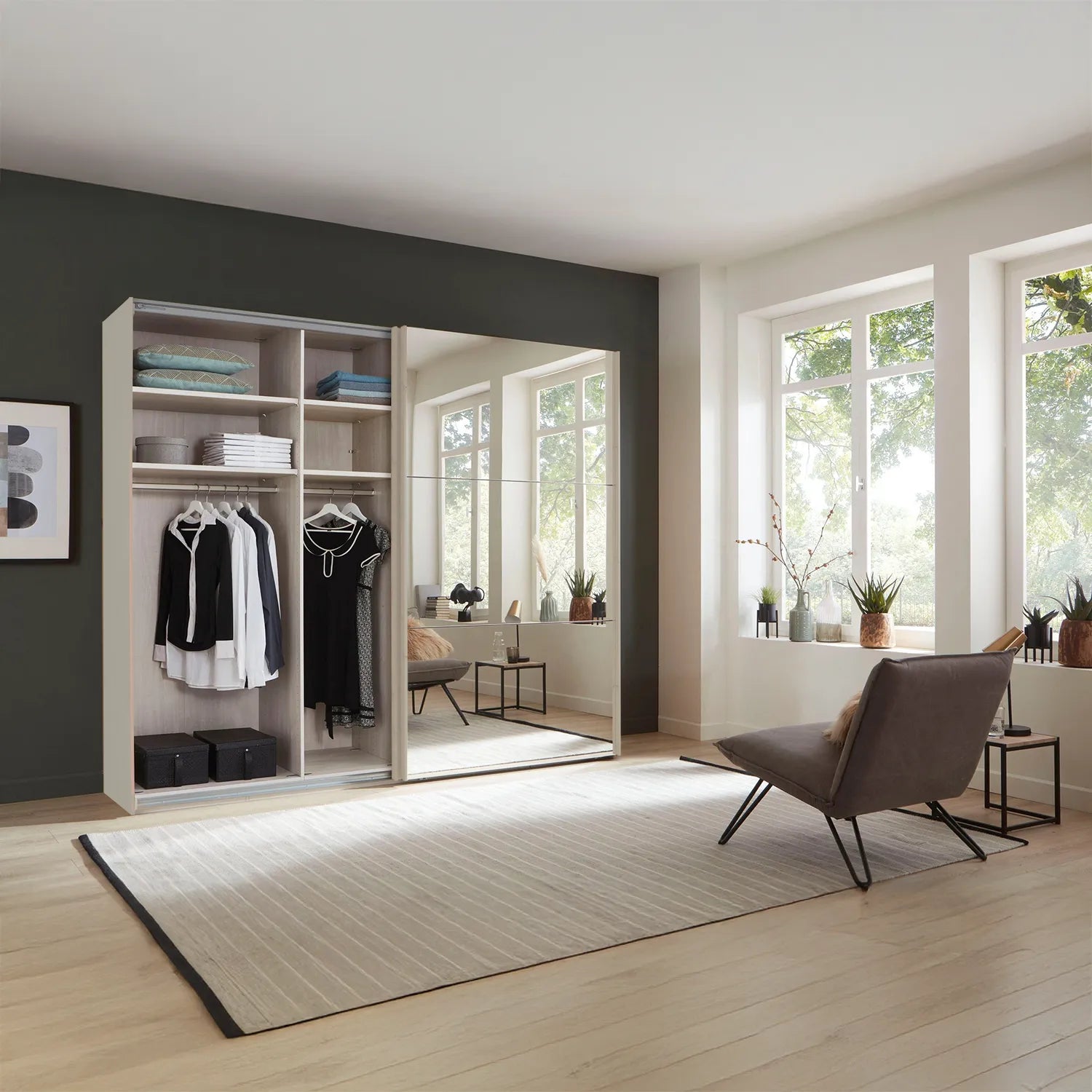 One Open Door of Modern Wiemann Corfu Pebble Grey and Mirror Sliding Door Wardrobe