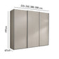 Wiemann Darwin Three Door Sliding wardrobe or storage cabinet shown on a white background with dimension lines and labels indicating width options of 225, 250, 280, and 300 cm, height of 197 cm, and depth of 67 cm.