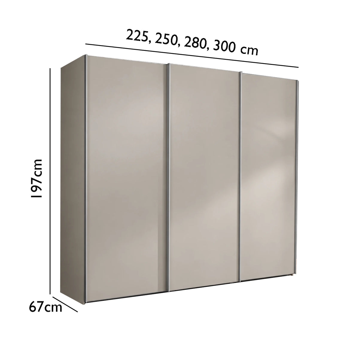 Wiemann Darwin Three Door Sliding wardrobe or storage cabinet shown on a white background with dimension lines and labels indicating width options of 225, 250, 280, and 300 cm, height of 197 cm, and depth of 67 cm.