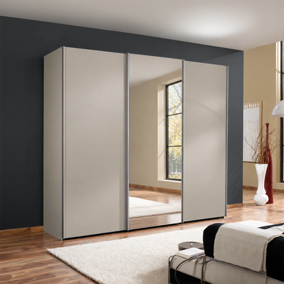 Wiemann Darwin 3 Door Mirror Sliding Wardrobe With Low Height  in Pebble Grey styled in a modern bedroom