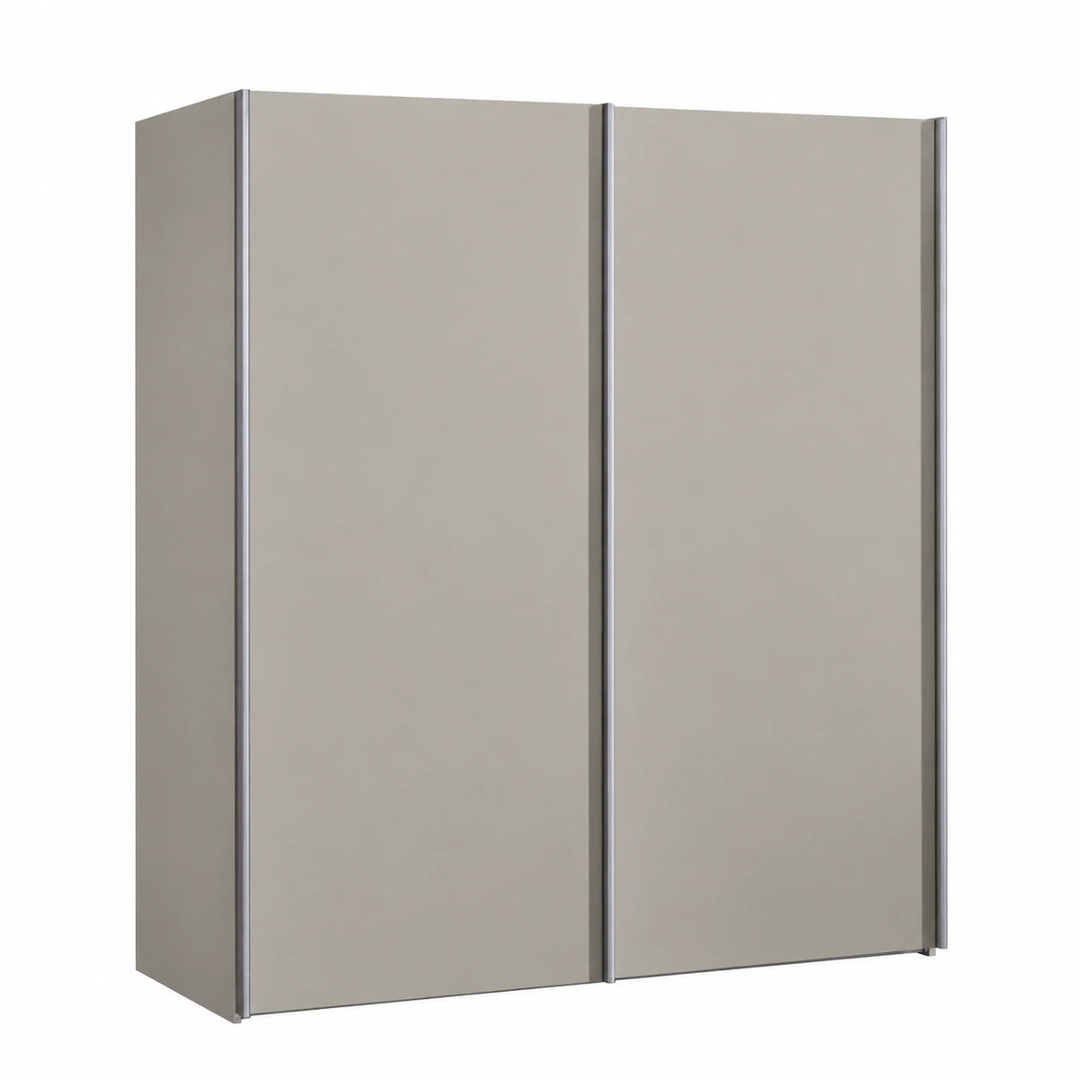 A modern Wiemann Darwin double door wardrobe or storage cabinet in a light warm gray  finish, shown from a three-quarter angle against a plain white background.