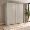 A modern two-door Wiemann Darwin sliding wardrobe with Pebble Grey doors and slim silver metal frames, set in a styled room with a wood floor, neutral wall, and a potted plant.