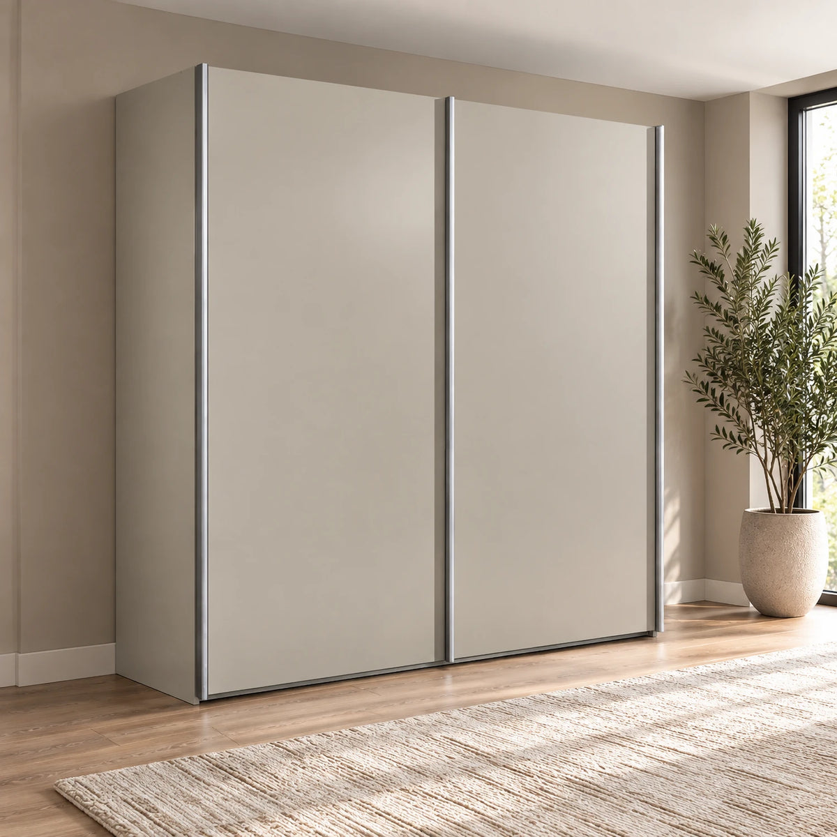 A modern two-door Wiemann Darwin sliding wardrobe with Pebble Grey doors and slim silver metal frames, set in a styled room with a wood floor, neutral wall, and a potted plant.