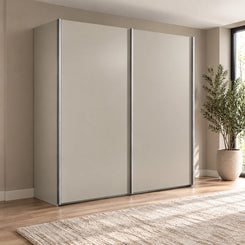 A modern two-door Wiemann Darwin sliding wardrobe with Pebble Grey doors and slim silver metal frames, set in a styled room with a wood floor, neutral wall, and a potted plant.