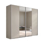 A modern three-door wardrobe with flat champagne-gold doors and mirrored center panels, shown on a plain white background.