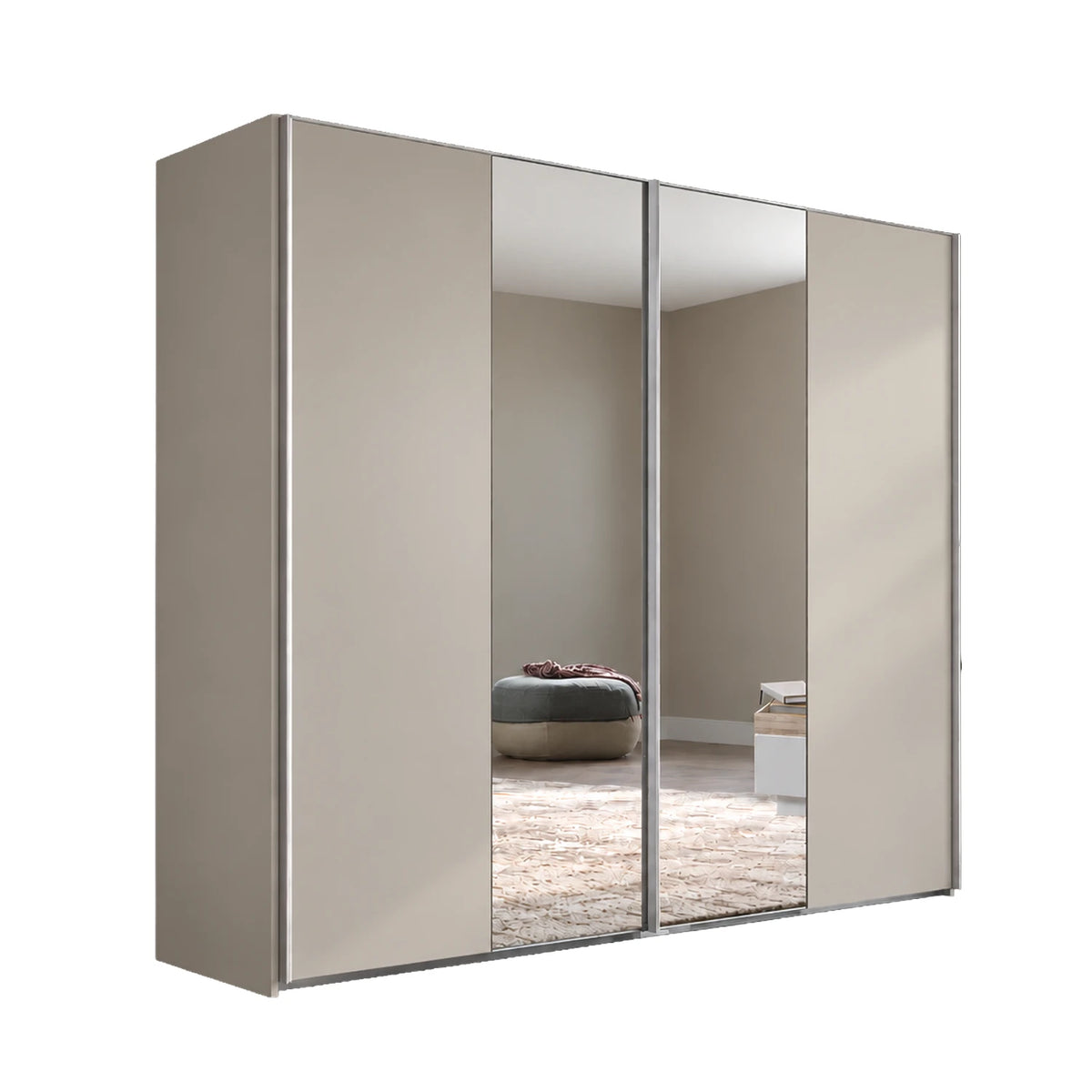 A modern three-door wardrobe with flat champagne-gold doors and mirrored center panels, shown on a plain white background.